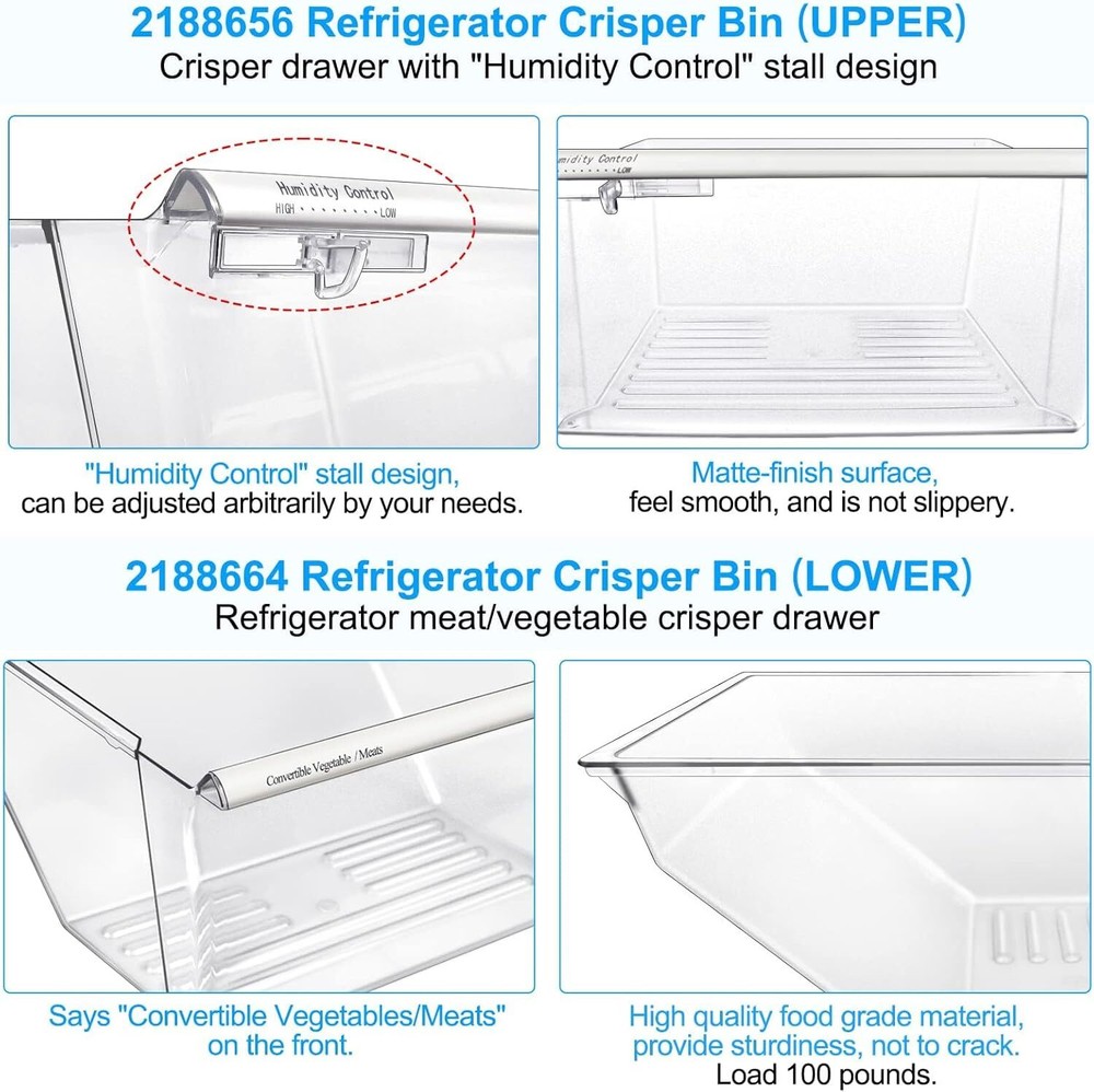 2 Pcs 2188656 Fridge Crisper Bin UPPER & 2188664 Crisper Bin LOWER for Whirlpool