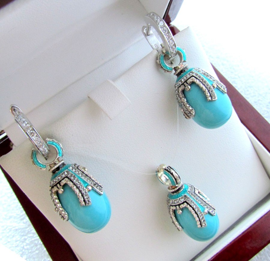 TURQUOISE EARRINGS & PENDANT SET HANDMADE RUSSIAN SOLID STERLING SILVER 925