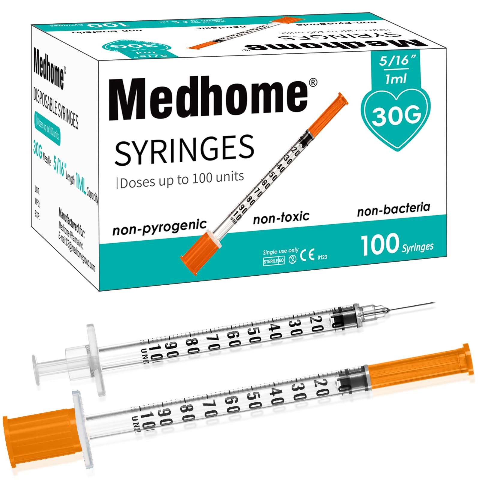 1ml 30G 5/16" (8mm) Syringe, Lab Syringes Individually Wrapped, Pack of 100