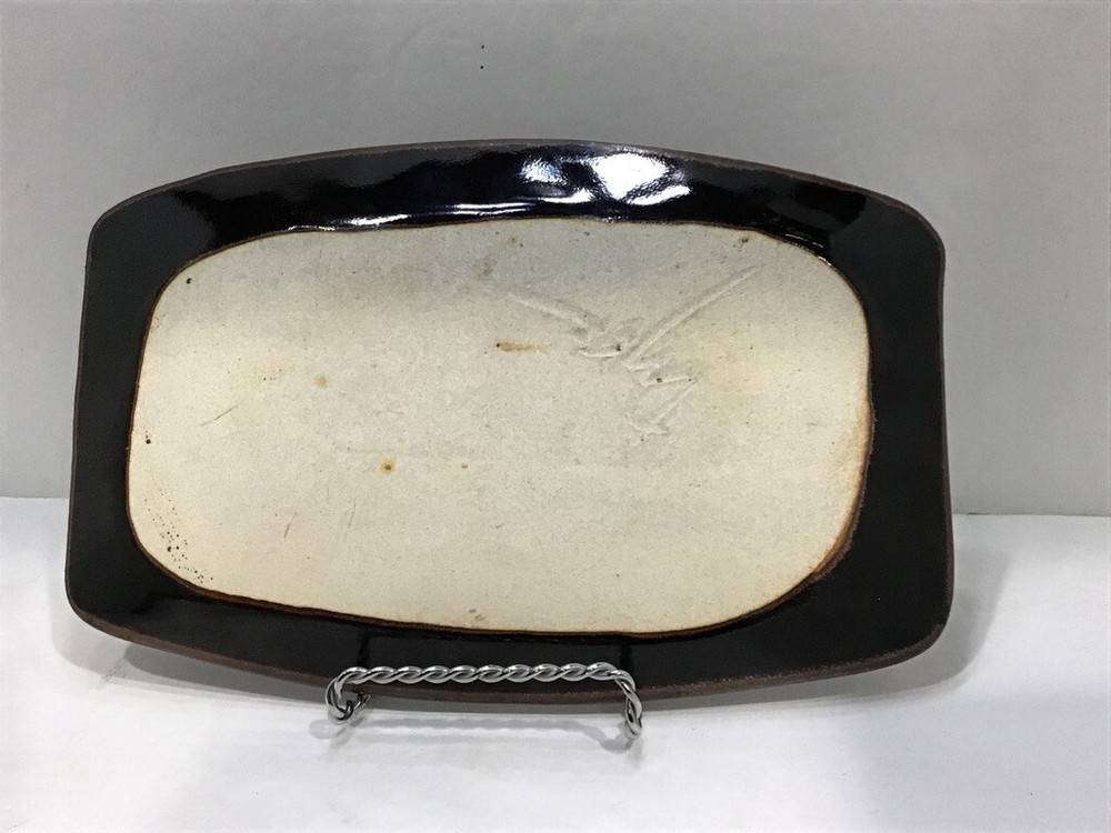 Handmade Art Pottery Brown Rectangular Dish Tray Signed