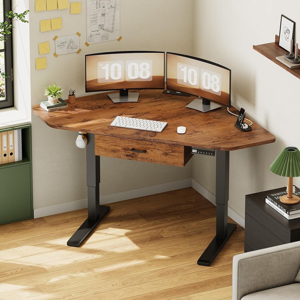 Corner Electric Standing Desk, Small Height Adjustable Computer Desk with Drawer