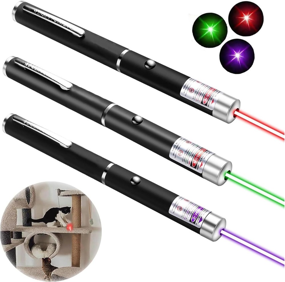 3-Pack Cat Laser Pointer Toy, Red Green Violet Lights, Pet Training Chaser