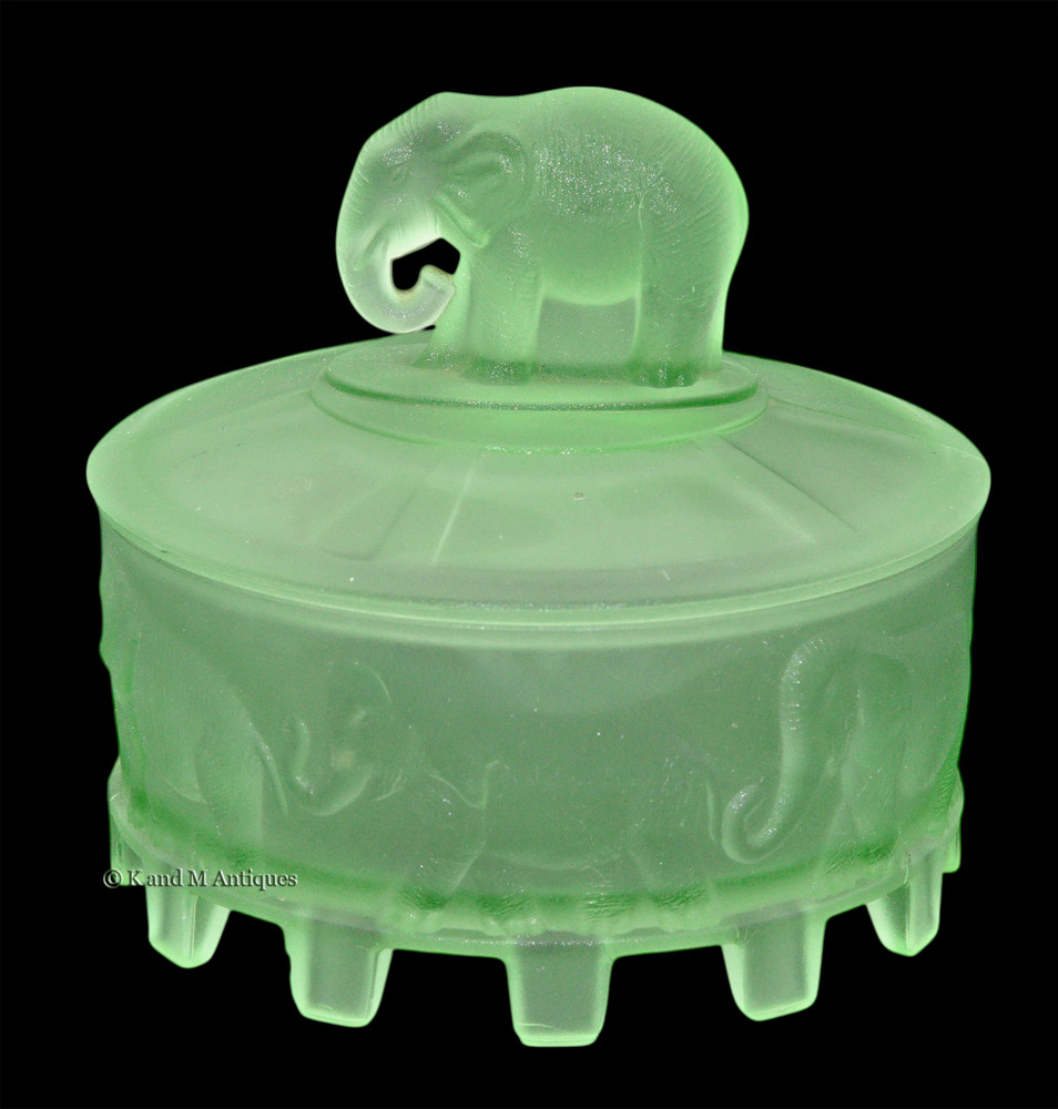 L. E. Smith Elephant Carousel Green Satin Powder Jar