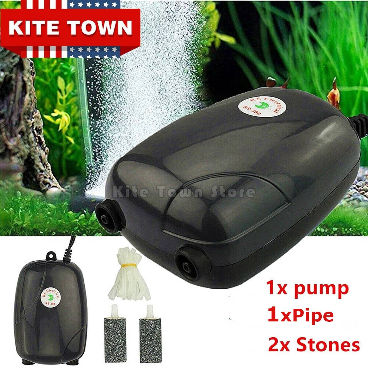 For 50 Gallon Aquarium Fish Tank Silent Air Pump 2 Outlet W/2 Air Stones+ Pipe