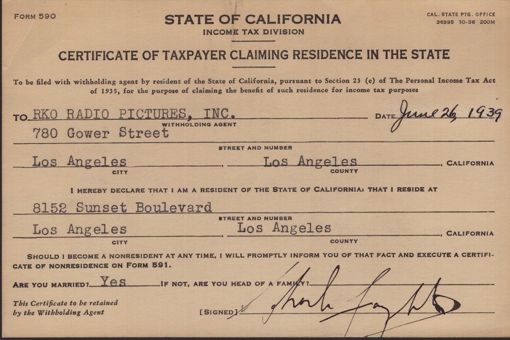 CHARLES LAUGHTON - DOCUMENT SIGNED 06/26/1939