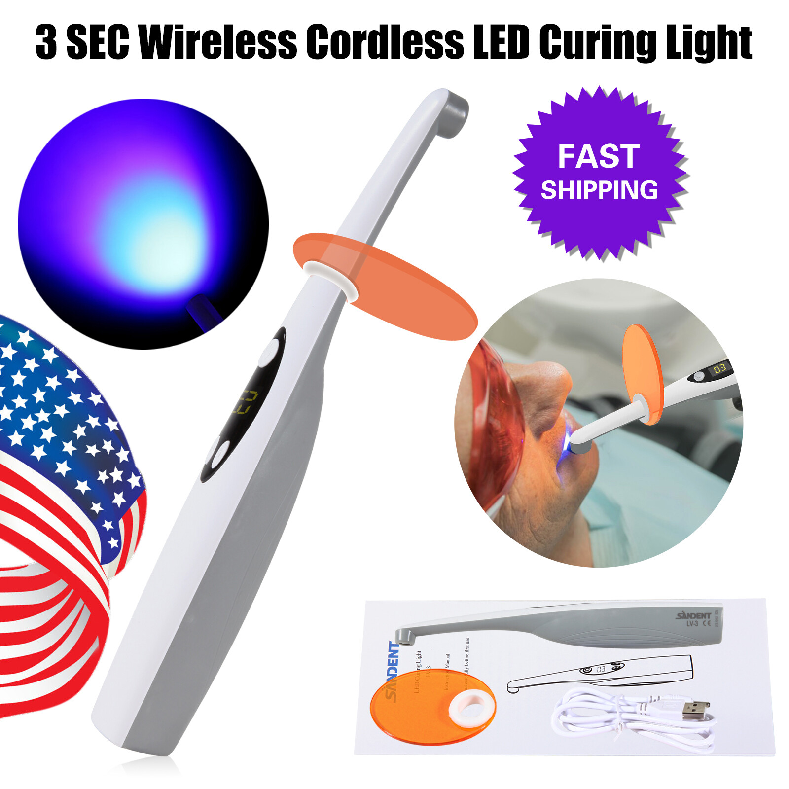 Dental Wireless Cordless LED Curing Light Composite Resin Cure Lamp LED-B USA-OR