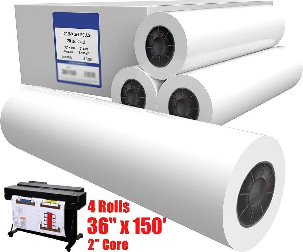 36"x150' Plotter Paper 4 Rolls 20lb Smudge Resistant for CAD Engineering
