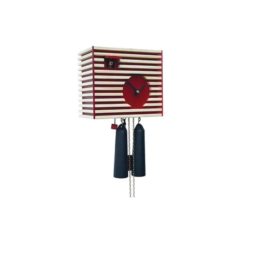 Modern Geometric Rectangle Cuckoo Clock with Red Striped Lines Pattern and Black