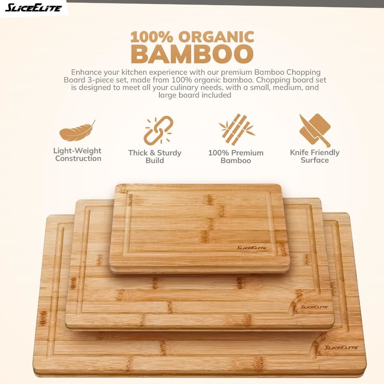 Bamboo Cutting Board Set of 3 – Wooden Boards with Handles for Kitchen