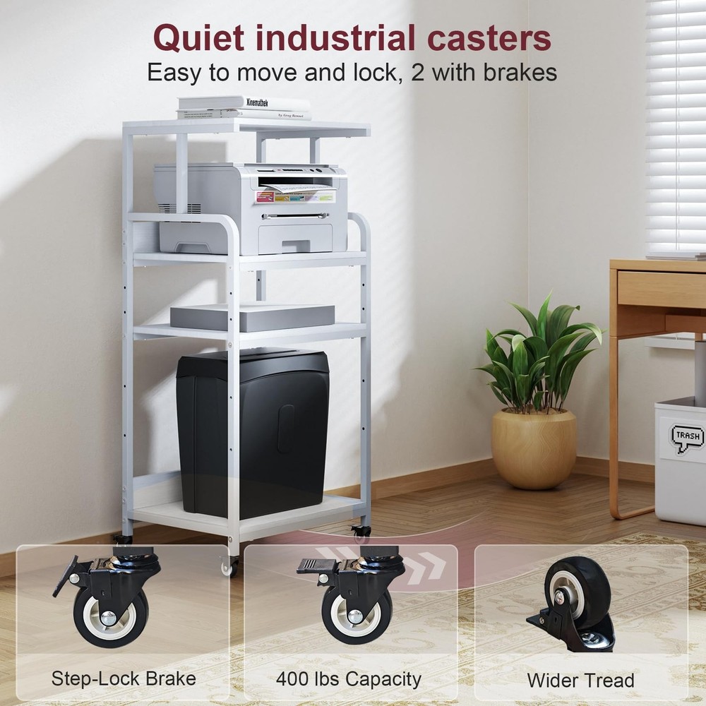 4-Tier White Printer Stand with Wheels, Extra Large Tall Printer Table with S...