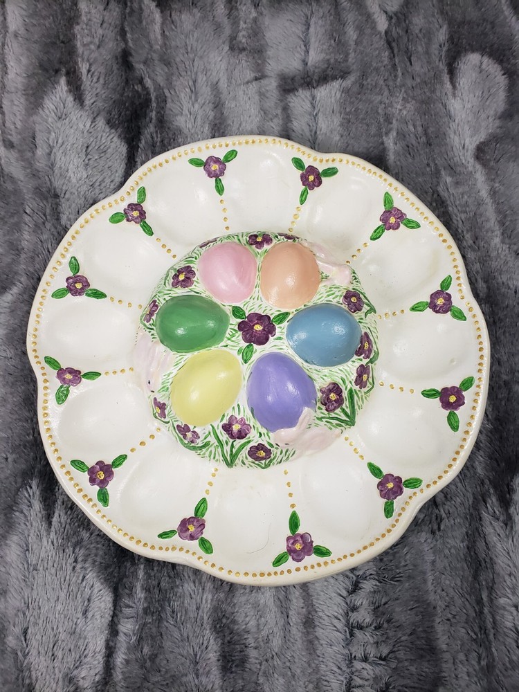 Vintage Deviled Egg Spring Easter Bunnies Flowers Plate Platter Ceramic