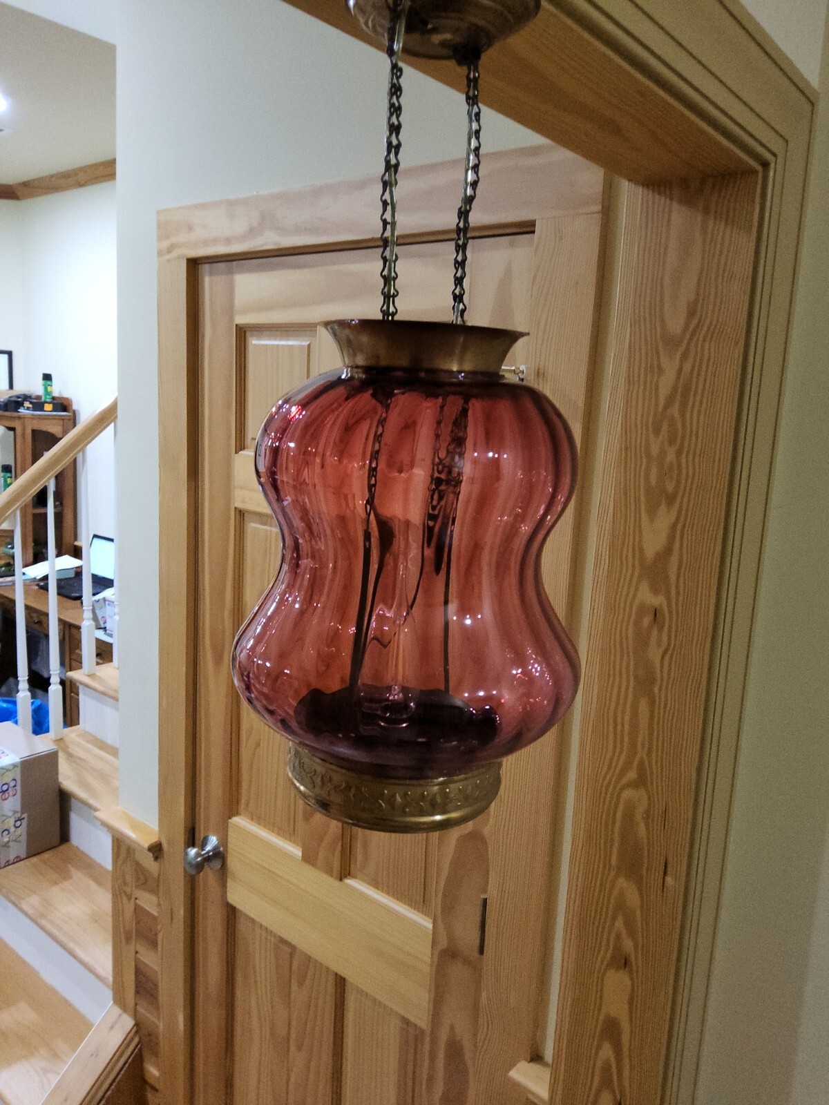 ATQ Victorian Cranberry Opalescent Striped Red Glass Pendant Ceiling Hall Light