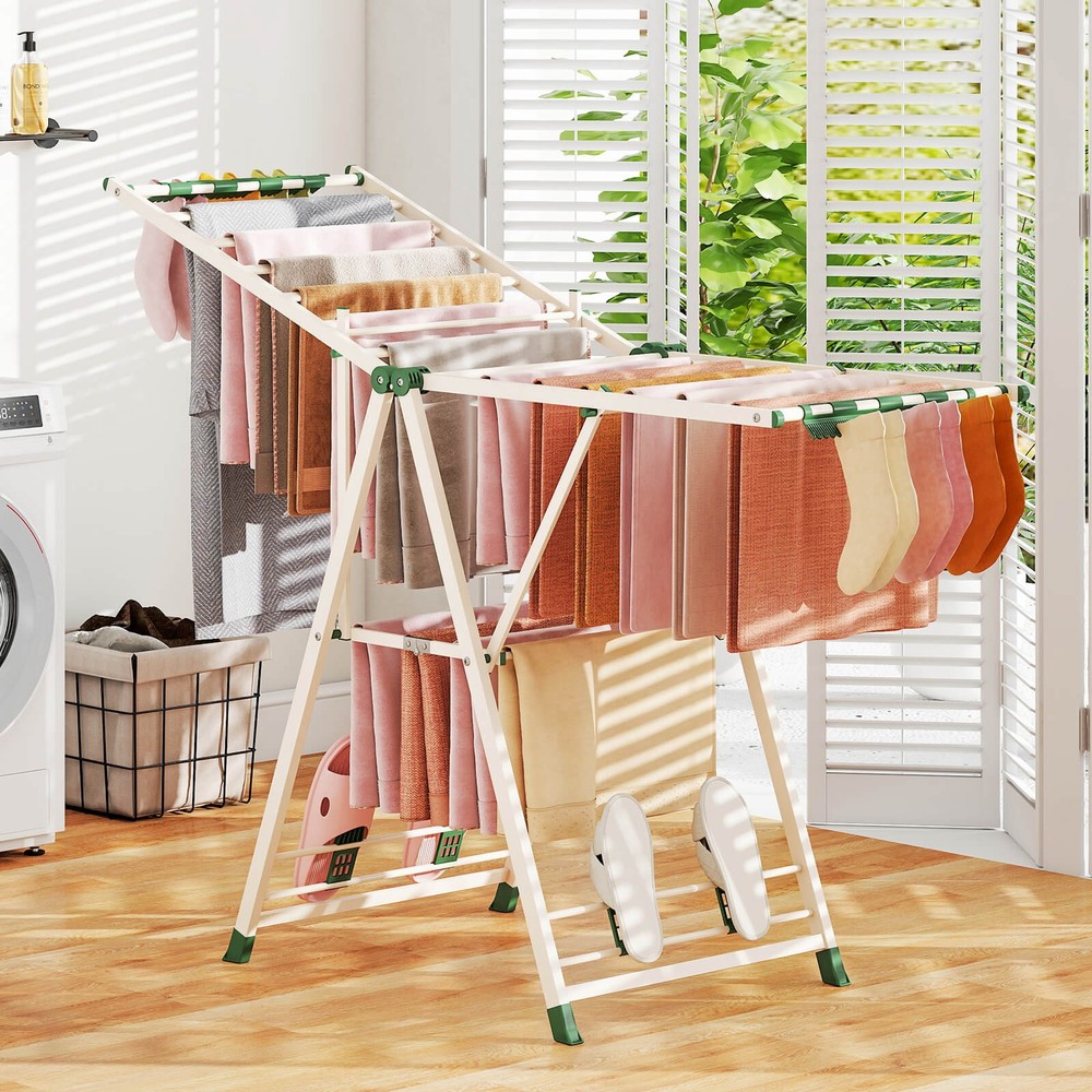 Foldable Metal Laundry Drying Rack w/Height Adjustable Wings, 18 Drying Rails