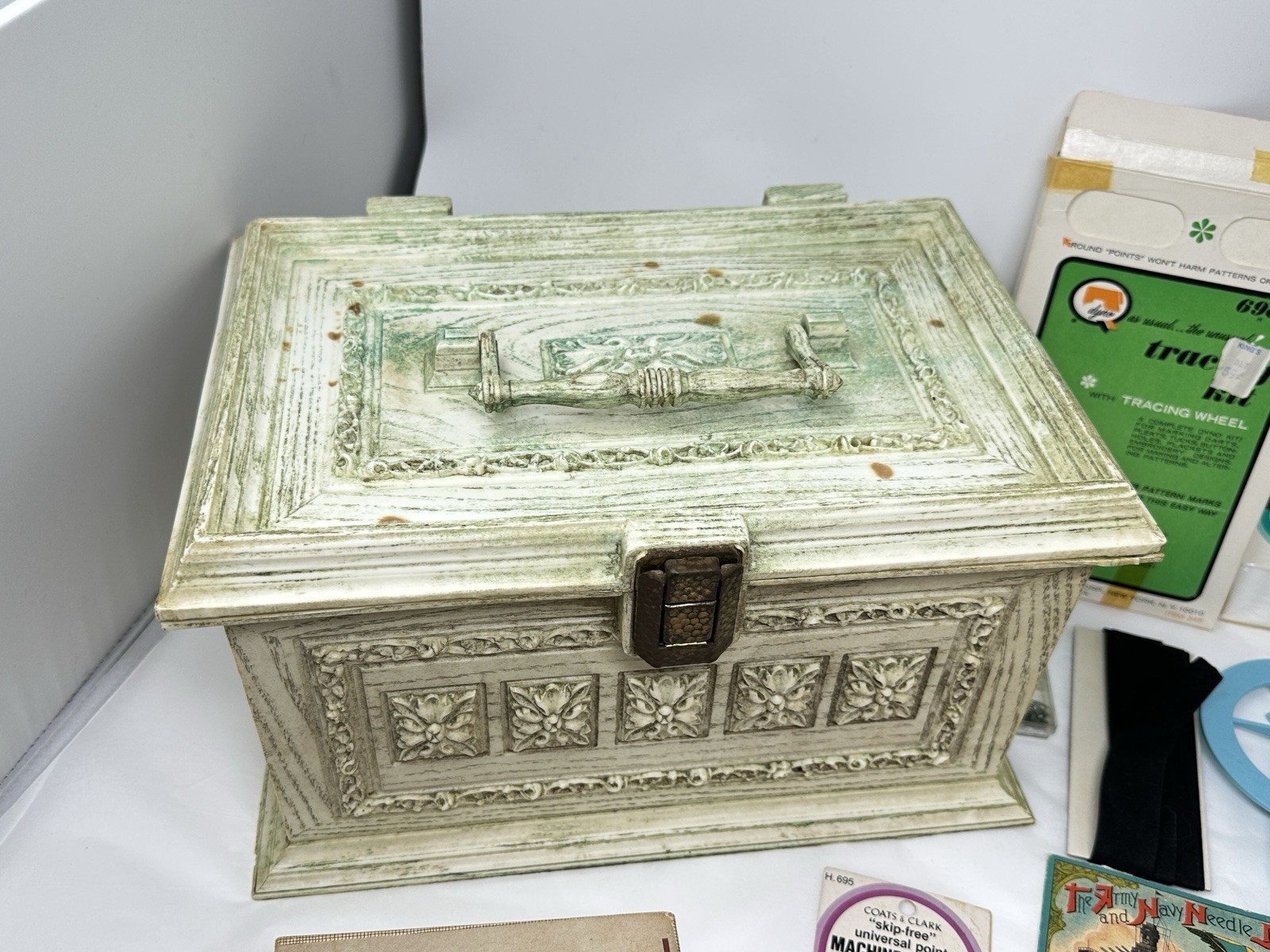 Vintage Max Klein Sewing Box Faux Wood Plastic Storage with Contents Supplies