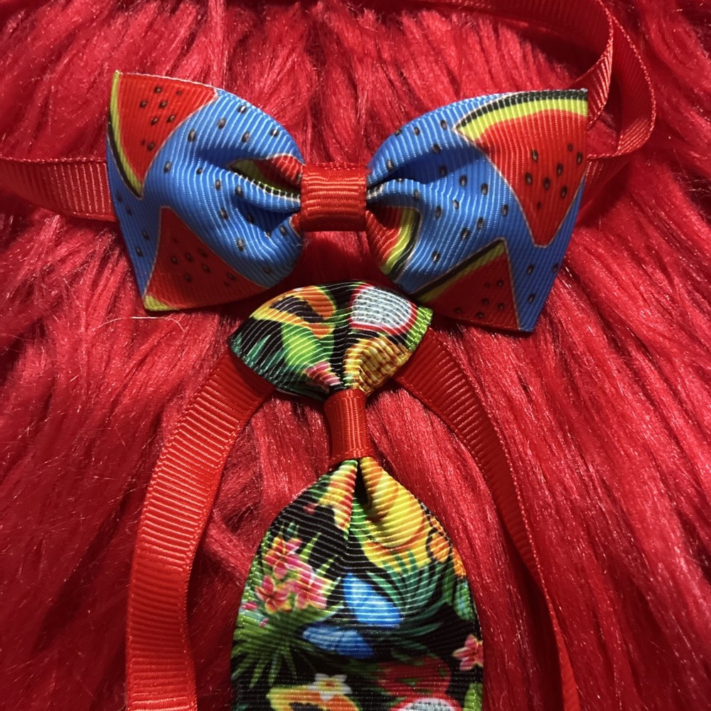 2 X Fruit Pattern, Cat Or Dog, Adjustable Bow & Tie Set. Homemade.