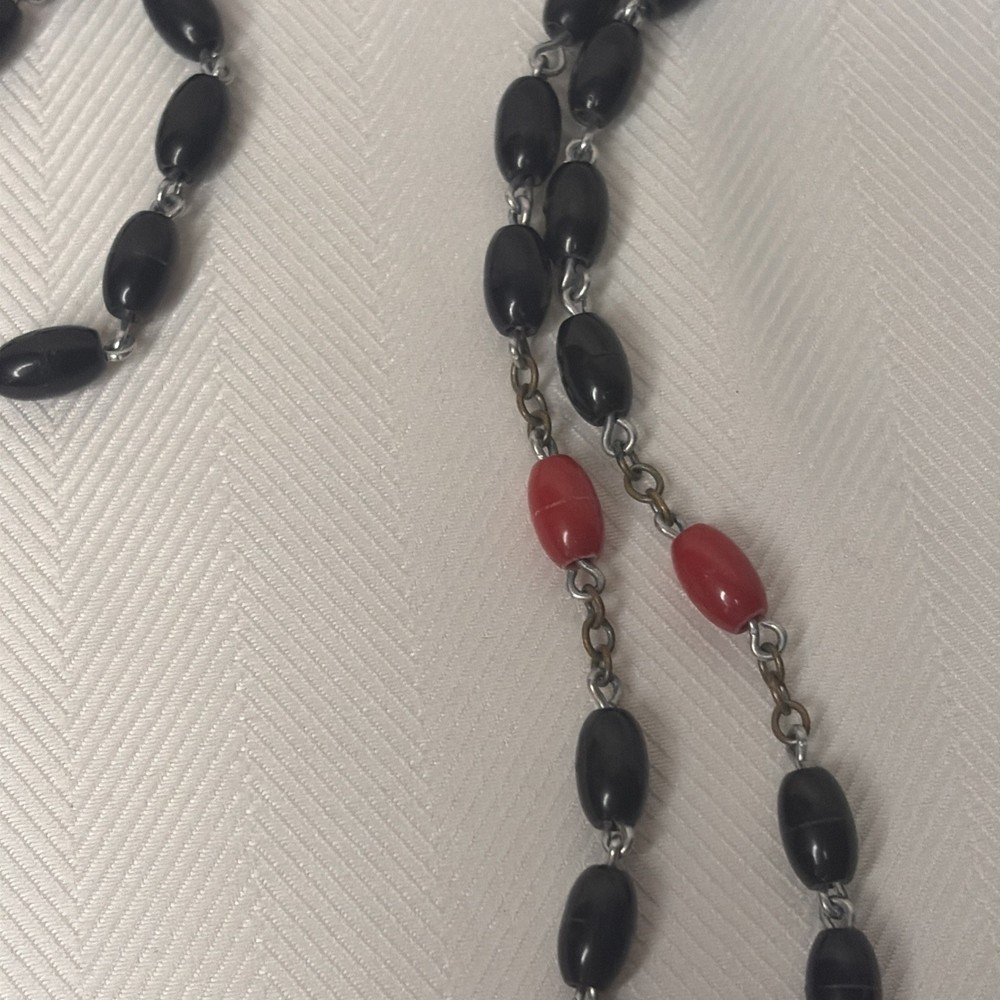 Vintage Rosary Red Black Beads Plastic Cross Metal Link Chain
