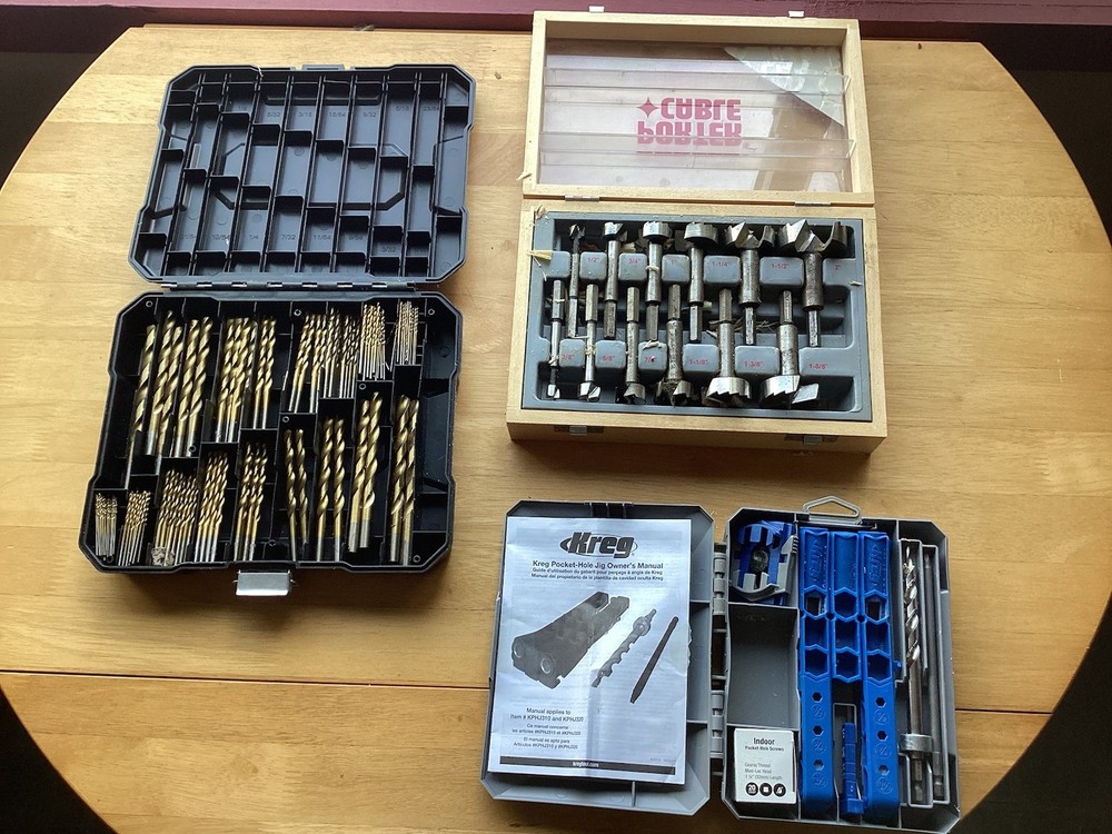 Misc. Tools, Drill Bits, Pocket Hole Jig, Hole Drill Bit Kit And Dremel Tool ￼