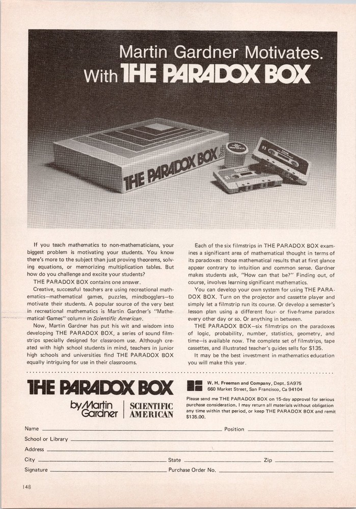 Scientific American The Paradox Box Educational Print Ad 1974 Math