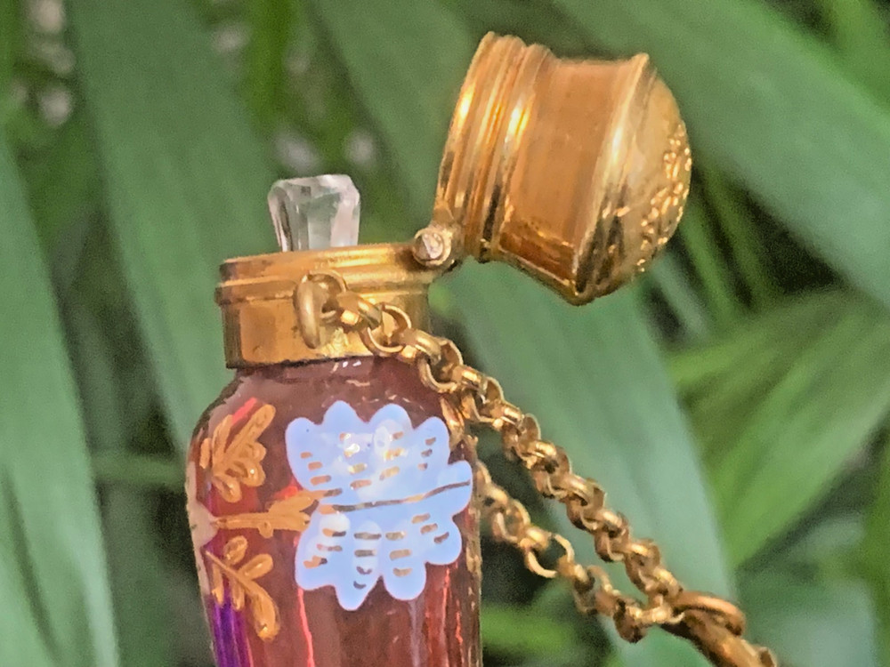 Antique Moser Enamel Cranberry Glass Chatelaine Cornucopia Perfume Scent Bottle