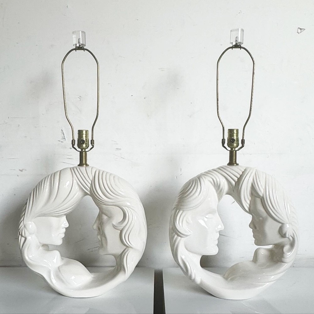 Postmodern White Gloss Ceramic Him/Her Face Table Lamps