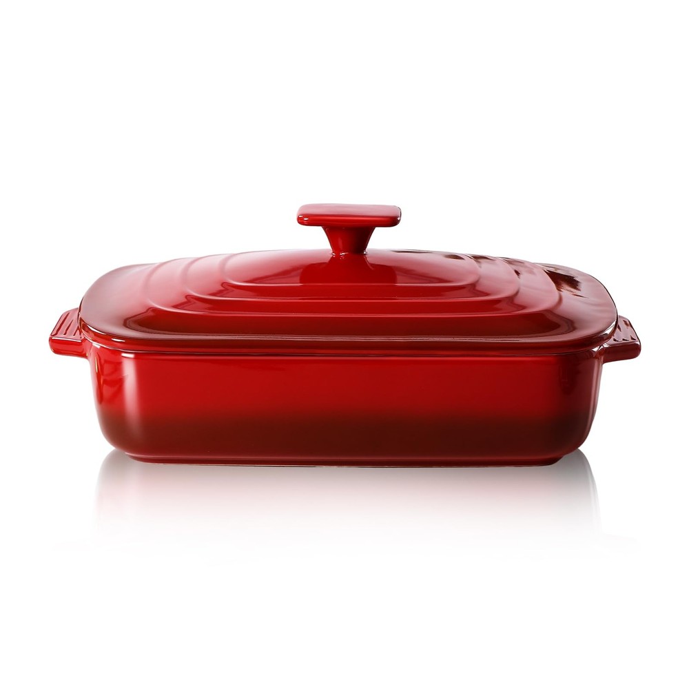 Lareina 4 Qt Ceramic Casserole Dish w/ Lid, Red Deep Rectangular Stoneware
