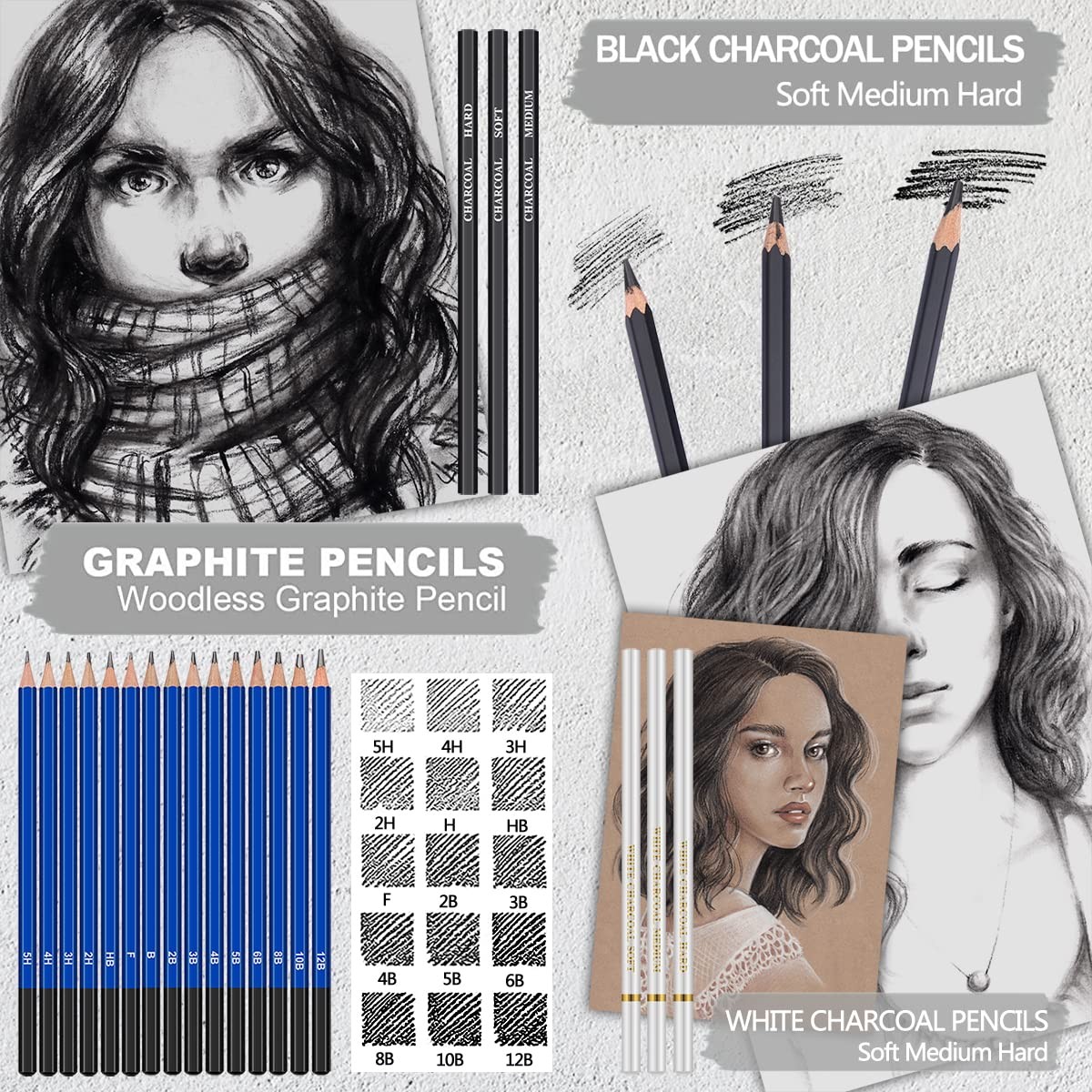 80 Pack Drawing Set Sketching Kit, Pro Art Supplies with 3-Color Sketchbook