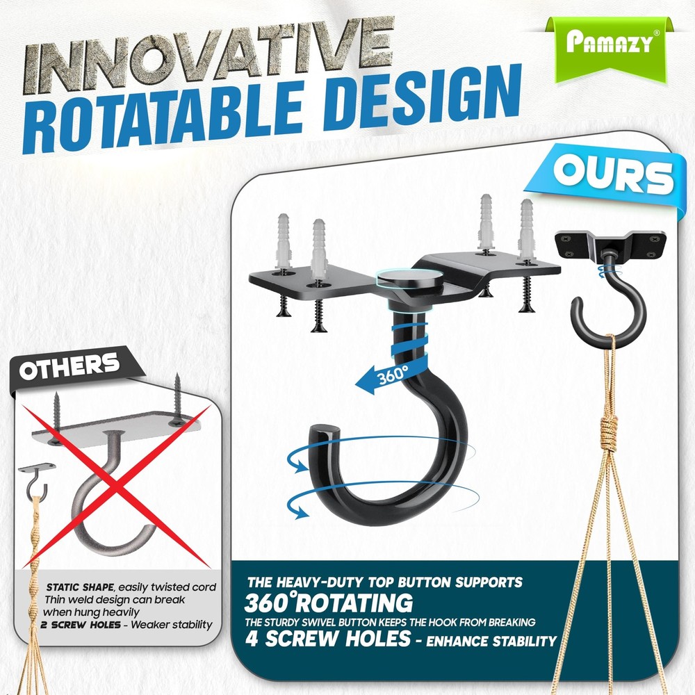 [UPGRADED] 4Pcs 200LBS Rotatable Ceiling Hooks with 4 Screw Points Base, Wall...