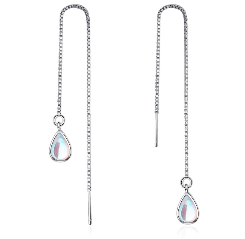 925 Silver Plated Opal Teardrop Ear Chain Thread Through Threader Earrings P1