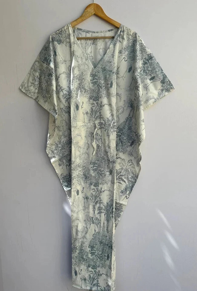 New Indian Vintage Cotton Long Beach Maxi Kaftan Dress One Size Caftan Kimono