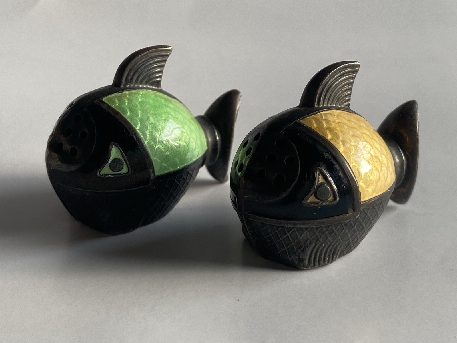 Sterling Silver Guilloche Enameled Norwegian Fish Salt And Pepper Antique 925.