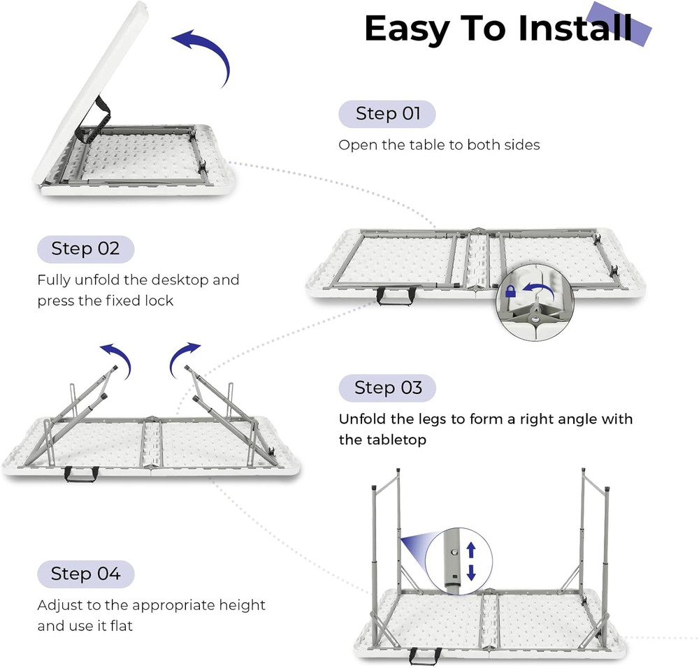 4Ft Folding Table Heavy Duty Plastic Fold in Half Adjustable Height Portable