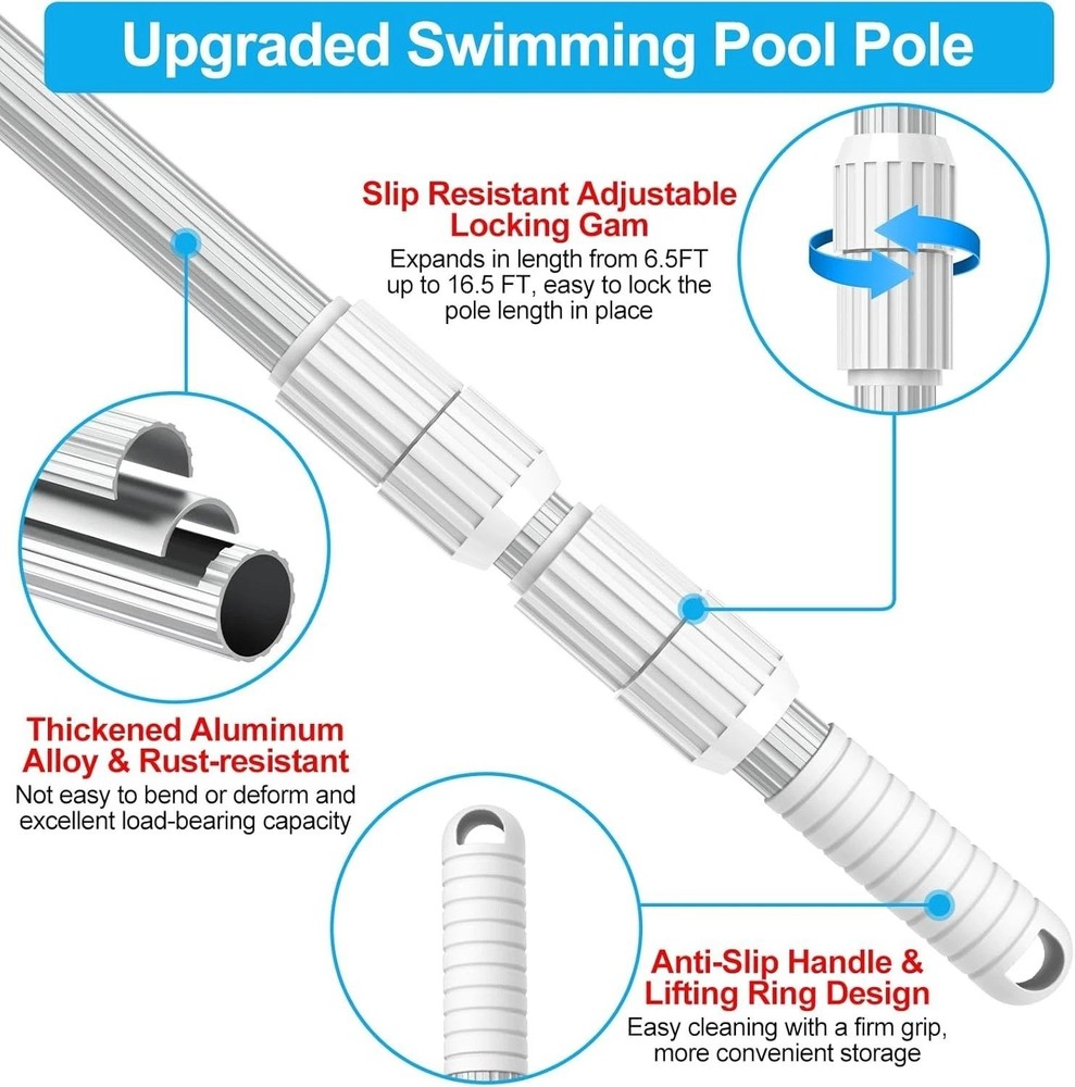 Versatile 16.5ft Telescopic Pool Pole - Fits All Accessories, Rust Resistant