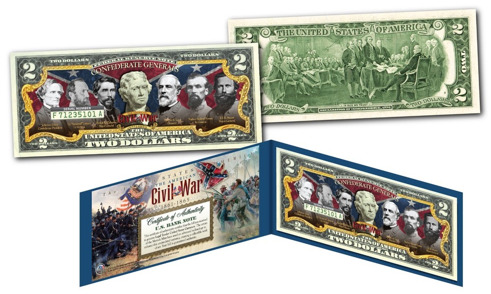 CONFEDERATE GENERALS Authentic $2.00 Bill - Leader Battles in American Civil War