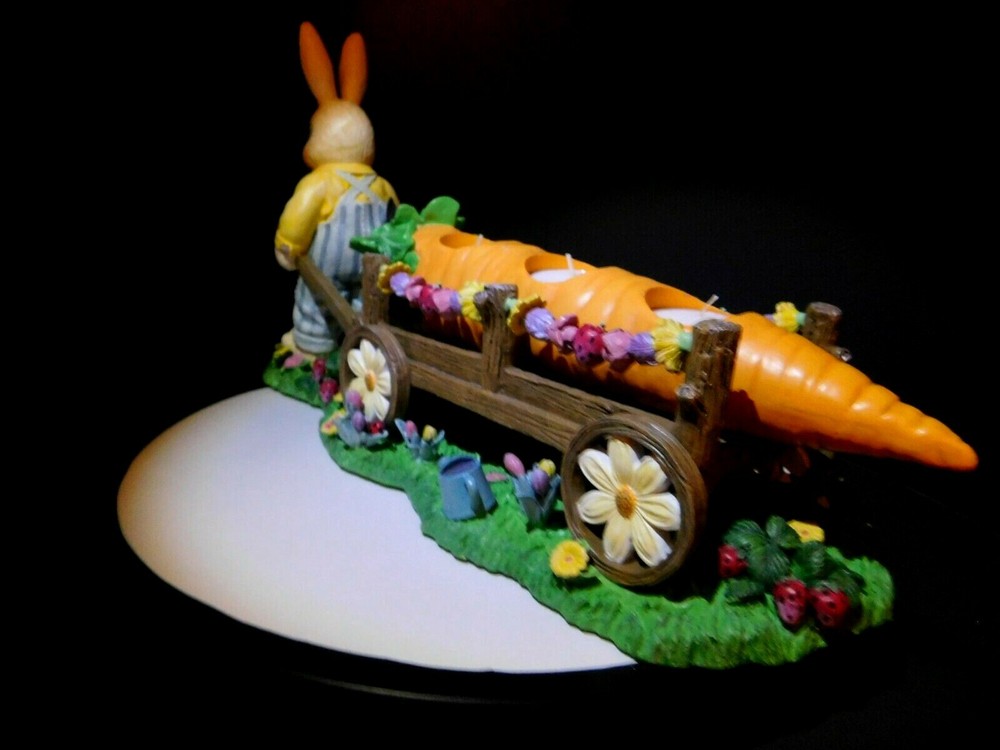 Vintage Bunny Rabbit Pulling Long Carrot Candle Holders Easter Tabletop Decor
