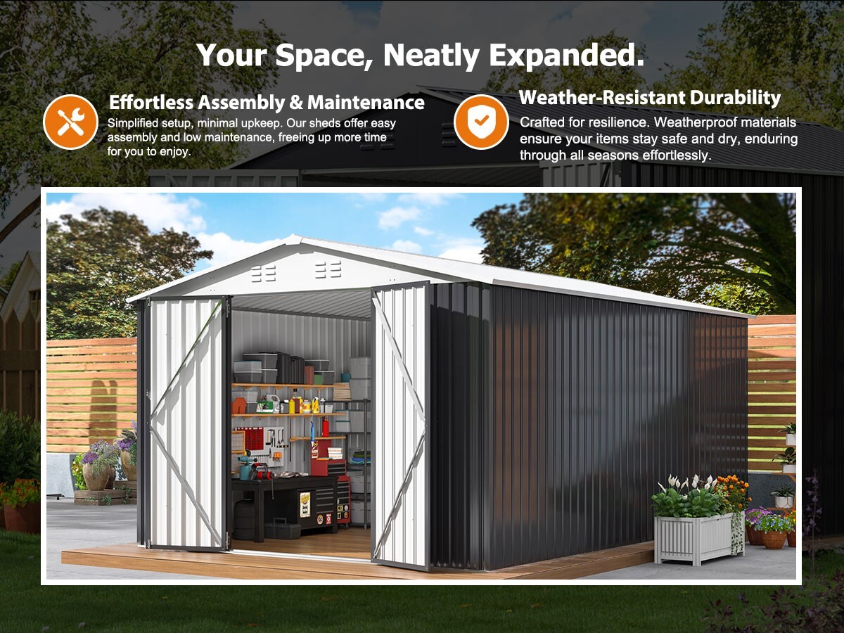 10x14FT Outdoor Metal Storage Shed with Durable Frame and Lockable Door, White