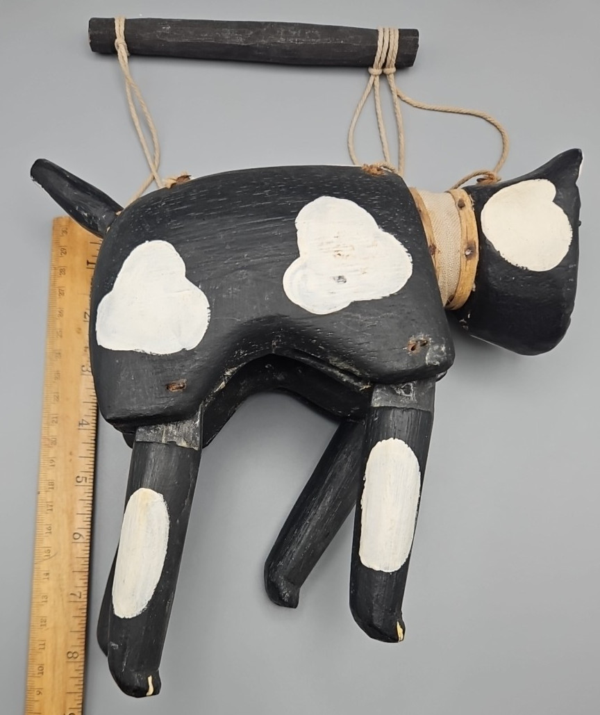Vintage Black and White Folk Art Cat Marionette, 9" X 8.75", 15" W/Handle