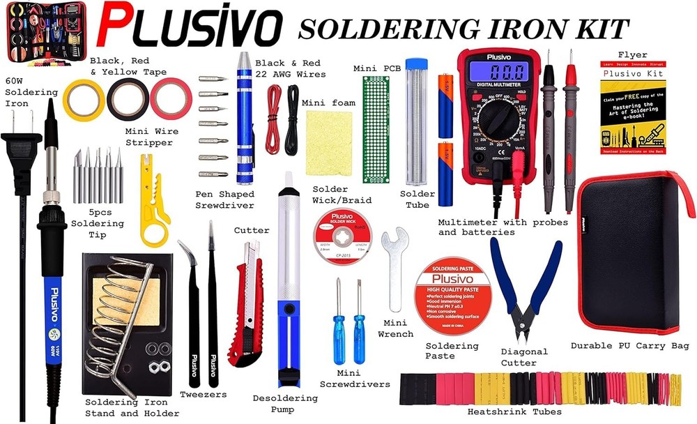 Soldering Iron Kit 60W Adjustable Temp Multimeter Tips Wires USB DIY Electronics
