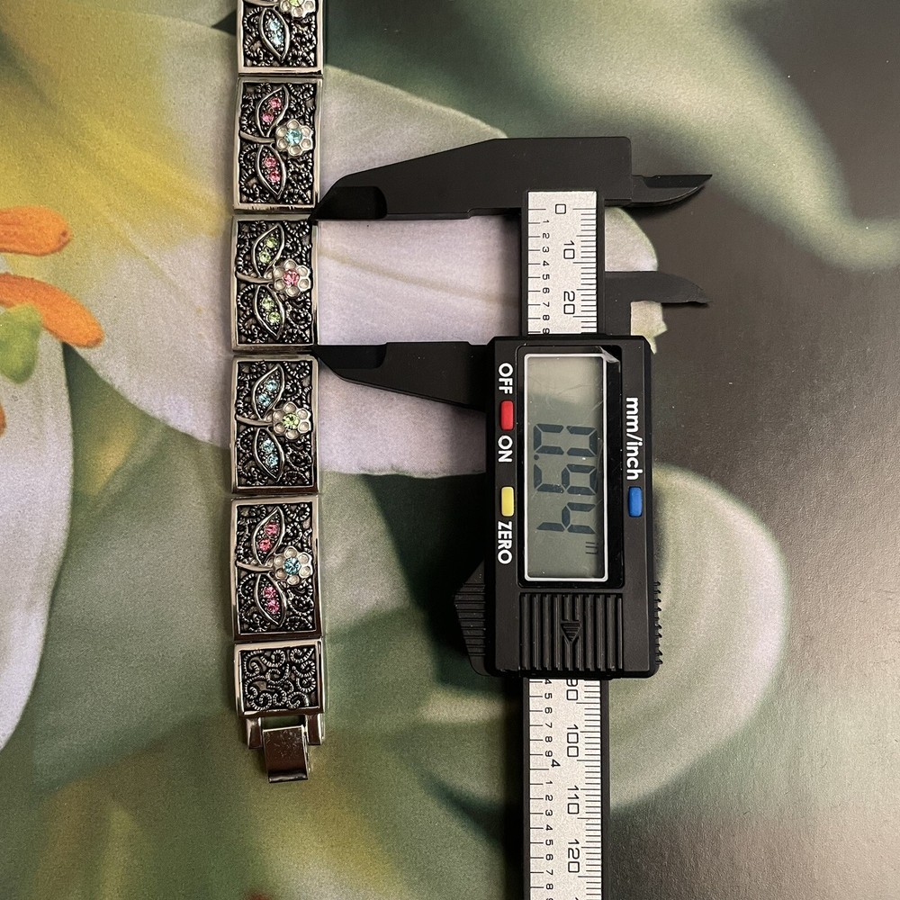 Rectangle Panel Filigree Floral Multicoloured Crystal Statement Bracelet 7”-7.5”