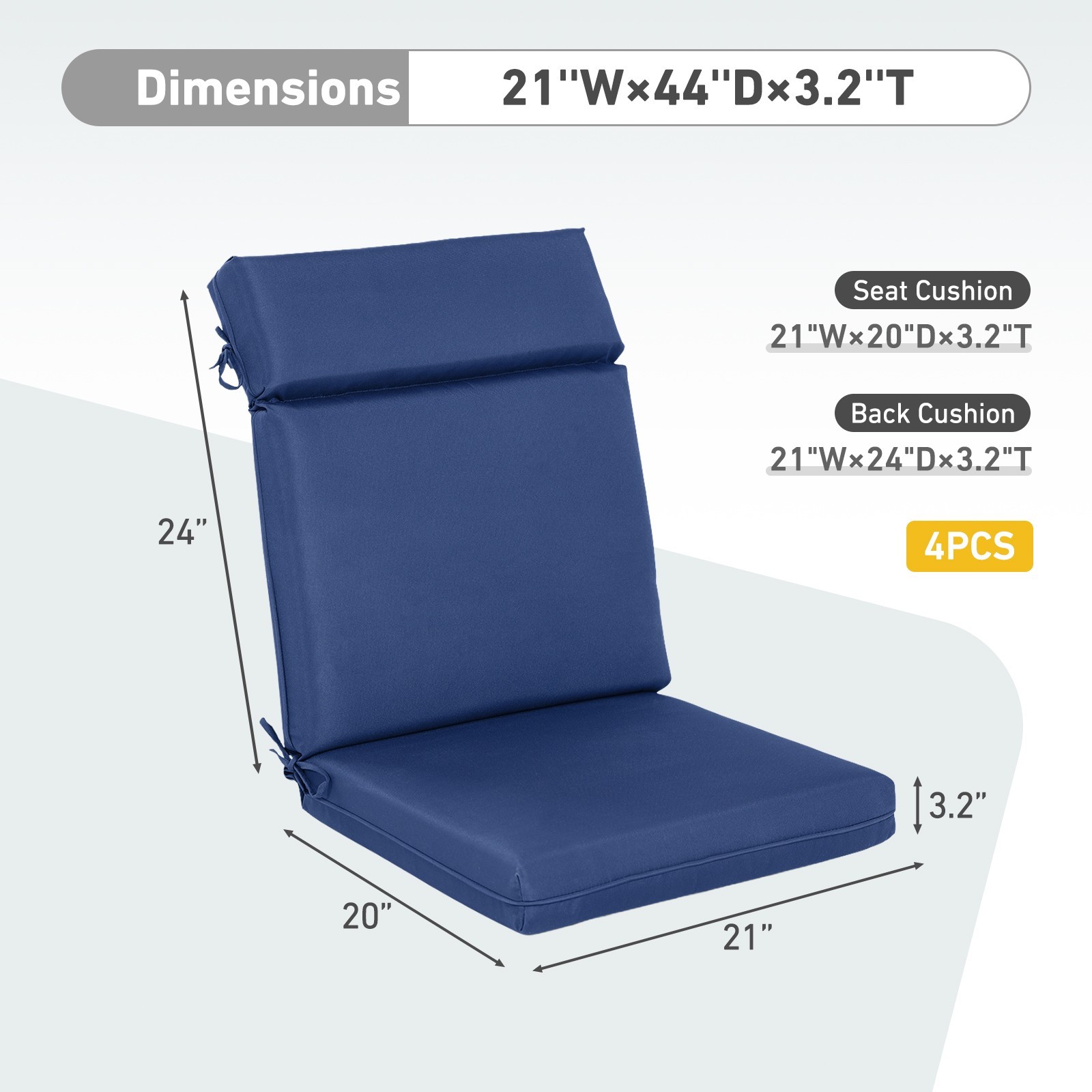 4Pcs Chair Cushions Seat Outdoor Patio High Back Deck Cartridge Cushion with Tie