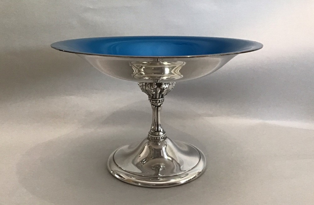 Reed & Barton Peacock Blue Enamel Silver Plate Stem Pedestal Compot Candy Bowl￼