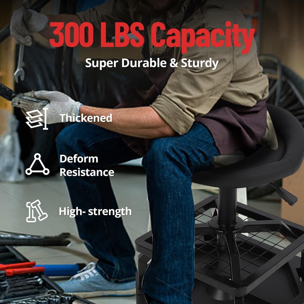 360° Rolling Workshop Garage Stool Chair w/ Sponge Short Back Adjustable Height