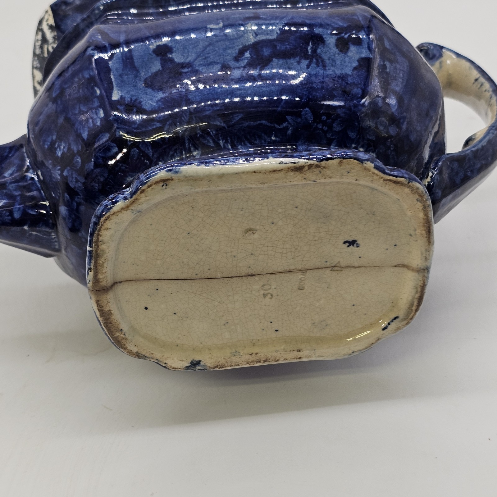 Historical Dark Blue Staffordshite Teapot Winter Sleigh Scene Circa 1825