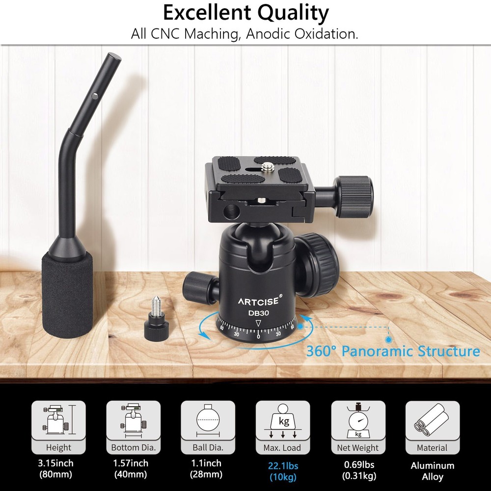 Camera Tripod Head Video Head Rotating Panoramic Ball Head W/QR Plate Handle