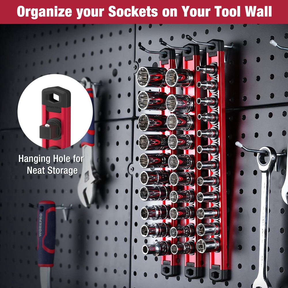 WORKPRO Magnetic Socket Organizer Set 1/4" 3/8" 1/2" Drive Socket Holder 3-PACKS