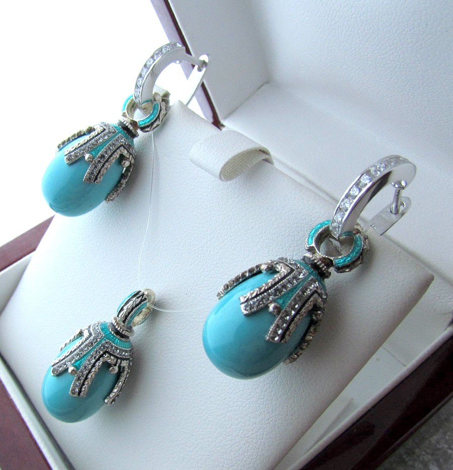 TURQUOISE EARRINGS & PENDANT SET HANDMADE RUSSIAN SOLID STERLING SILVER 925