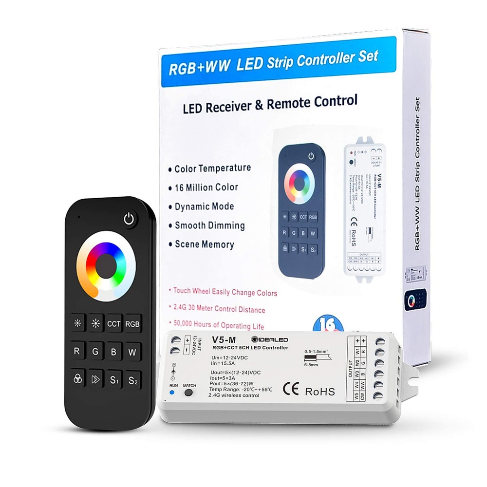 GIDEALED 2.4G Wireless 5 Channel RGBCCT LED Controller with RF Remote Control,Di