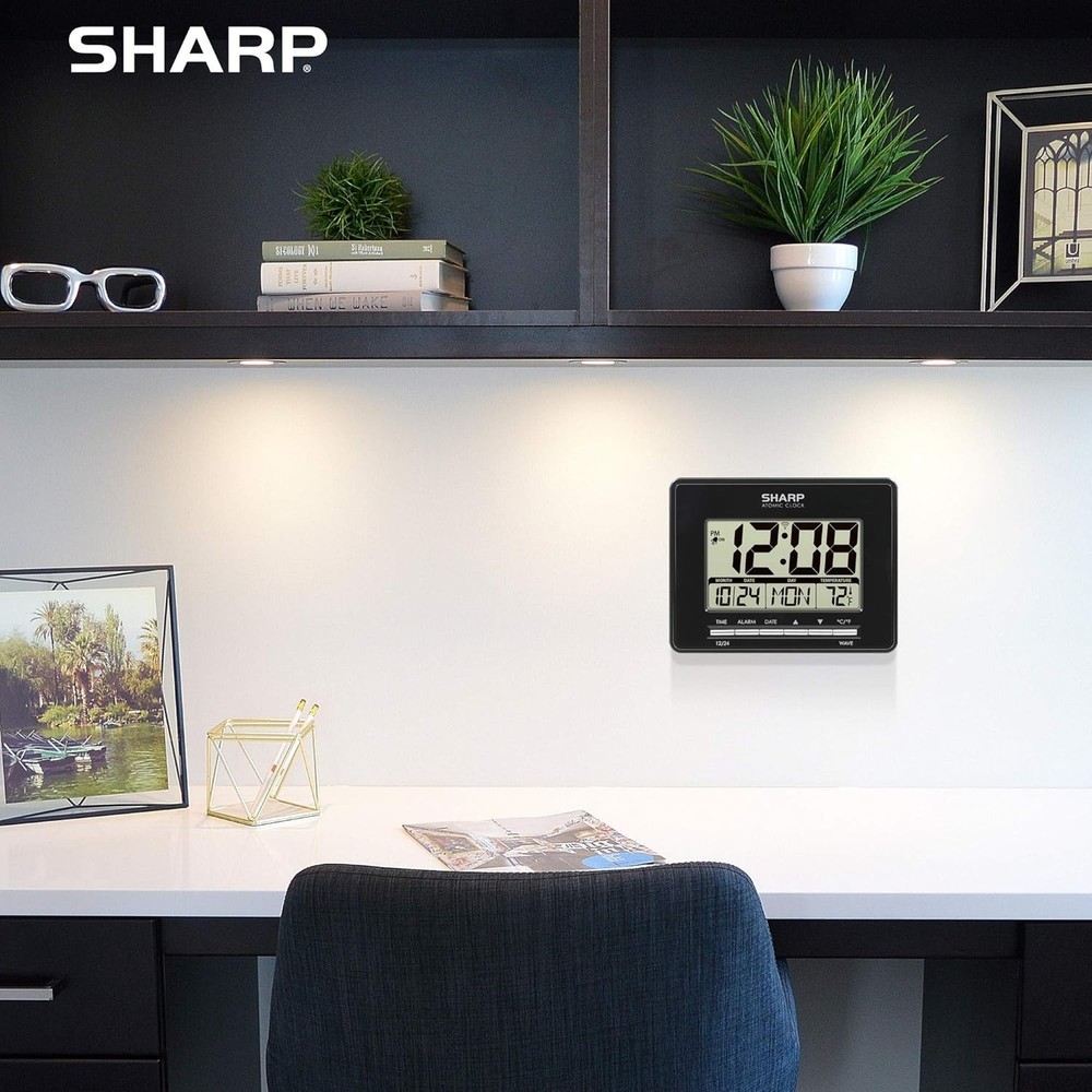 Sharp Atomic Desktop Clock - Auto Set Digital Alarm Clock Atomic Accuracy, Black