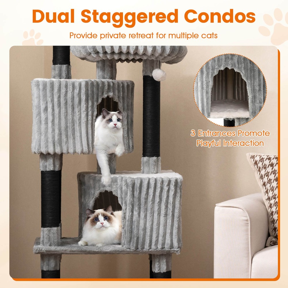 Large Multi-level Cat Tree w/2 Condos, 2 Perch Beds, Scratching Posts, Balls