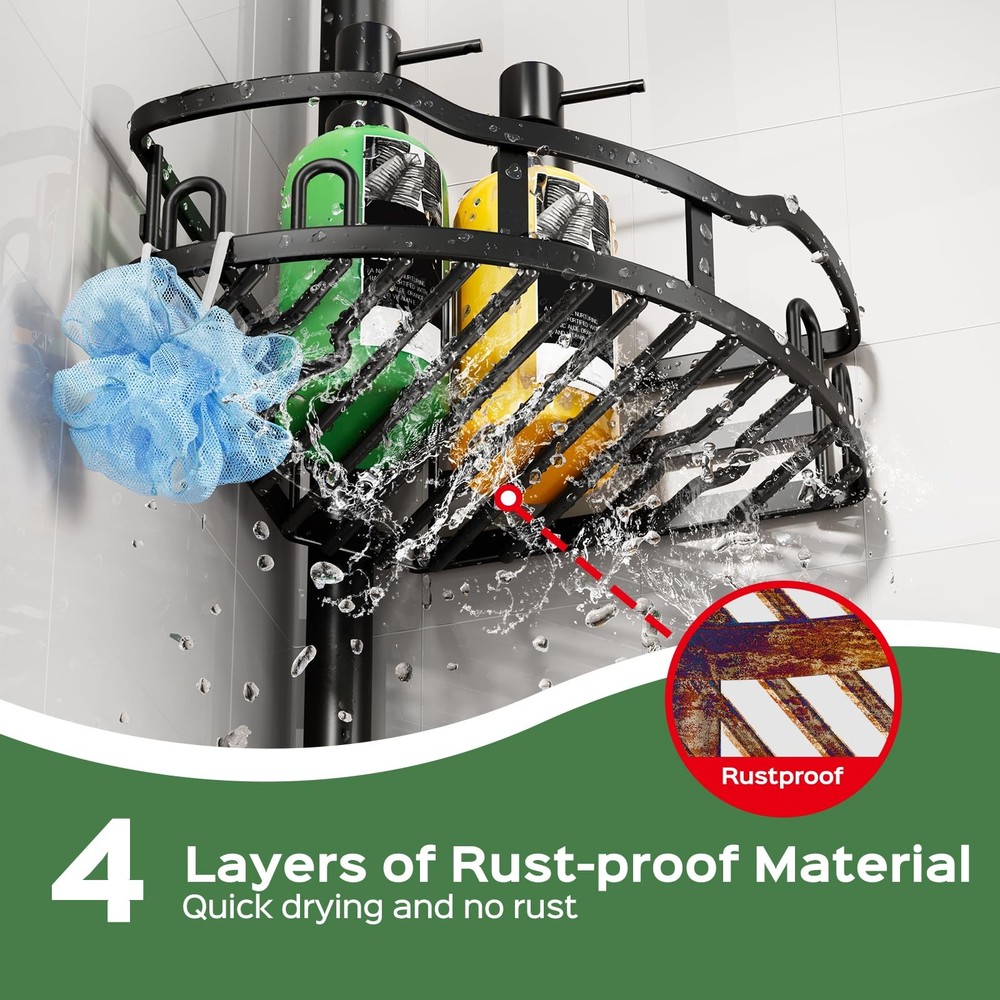 Shower Caddy Tension Pole Rustproof Quick Install Corner Bathroom Organizer S...