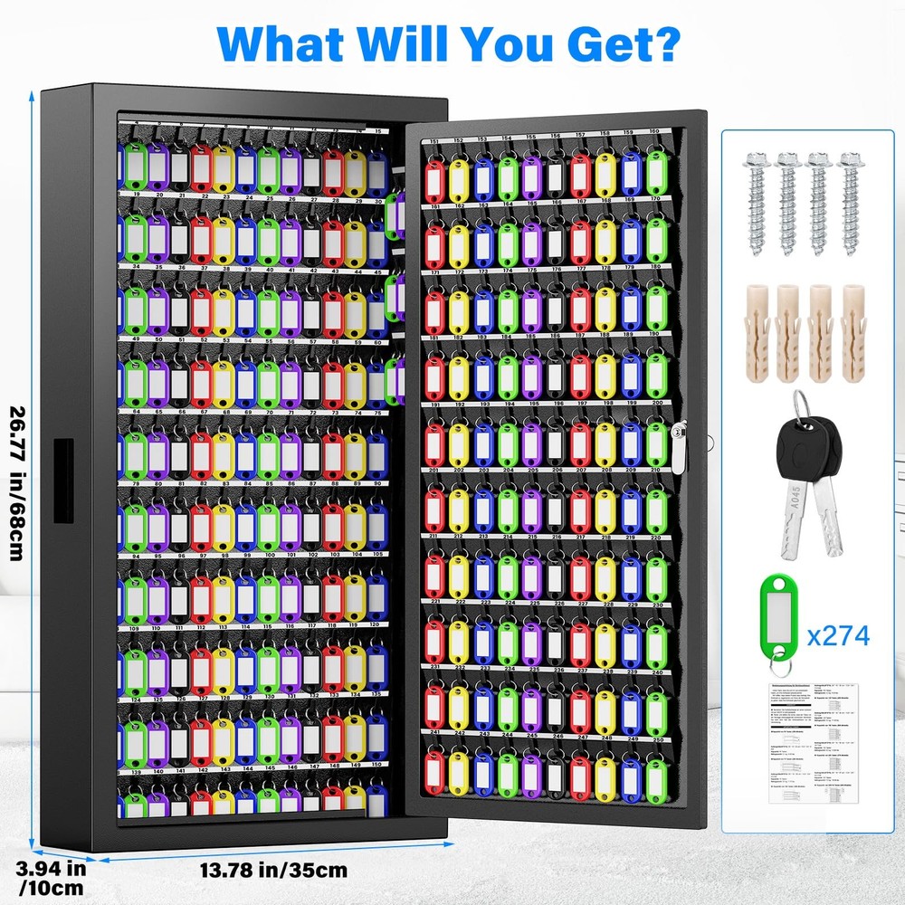 250 Keys Key Lock Box Wall Mount with Additional 24 Side Hooks and Key Tags, ...